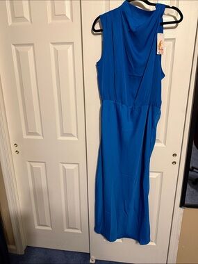 Sleeveless Cobalt Blue Maxi Dress with Draped Neckline